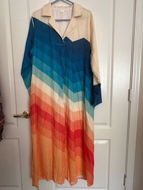 Gradient Chevron Maxi Shirt Dress in Blue, Teal & Coral